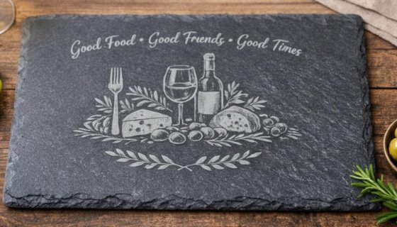 Planche ardoise gravée Good Food Good Friends Good Times