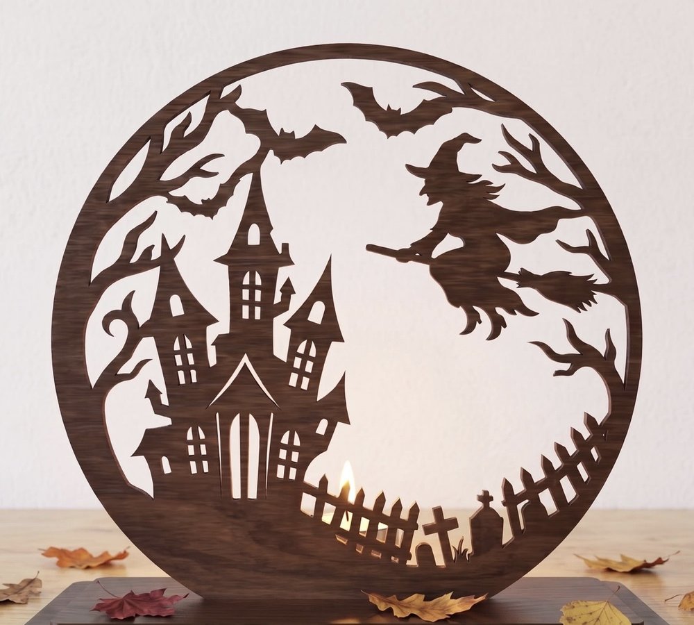 Lanterne Halloween en bois découpé : sorcière, château hanté et cimetière