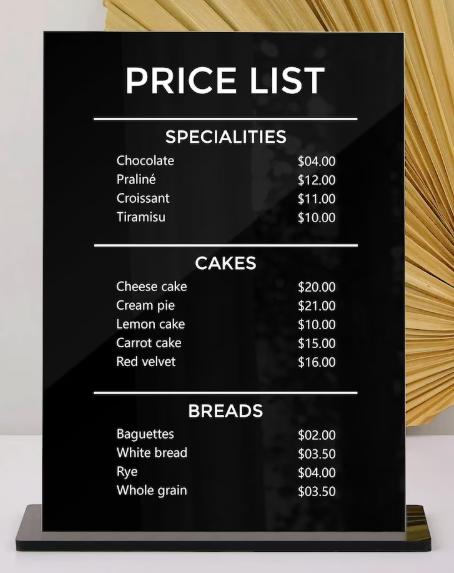 Menu plexiglas personnalisé price list